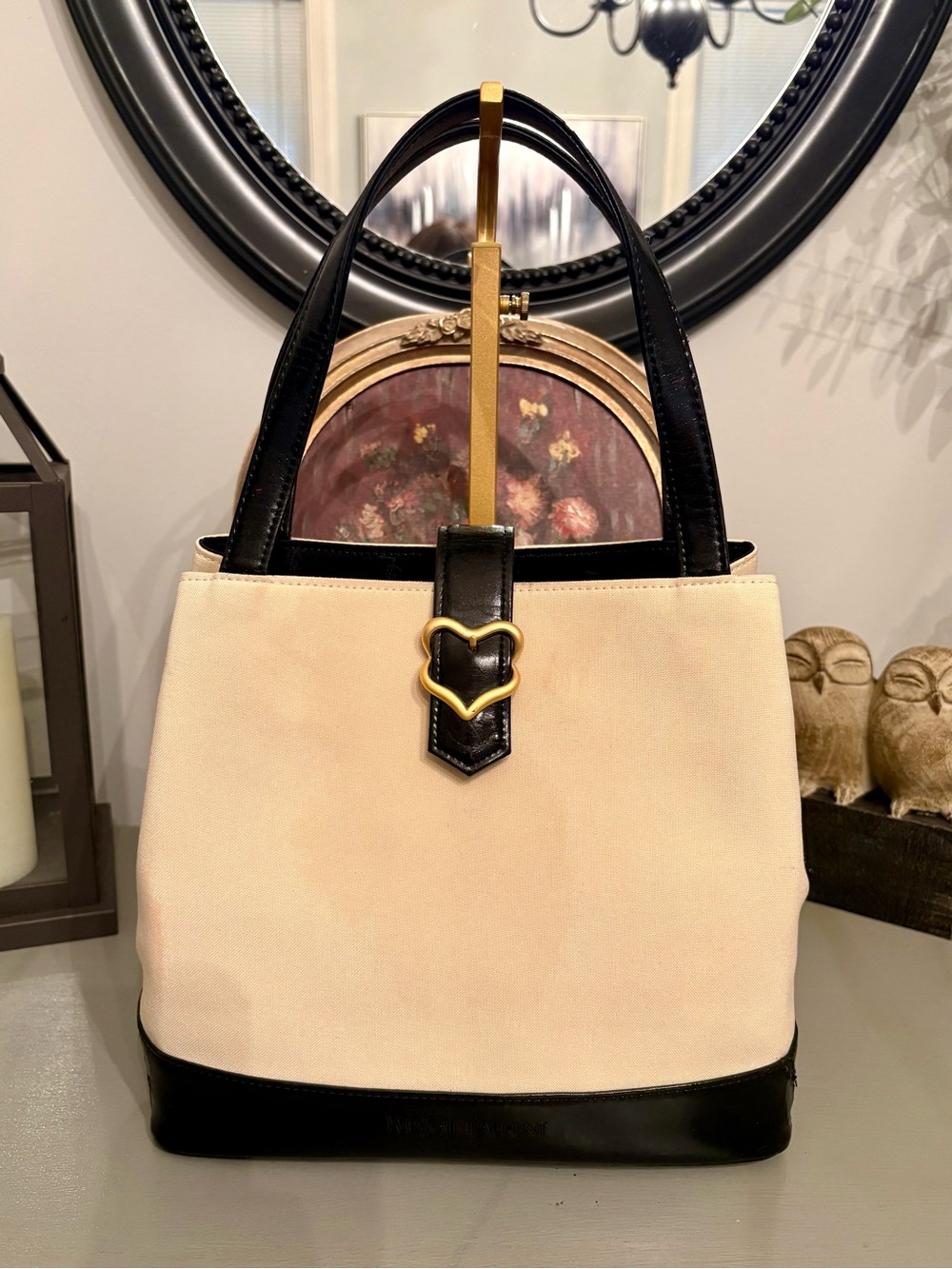 Vintage Yves Saint Laurent Canvas & Patent Leather Heart Clasp Tote